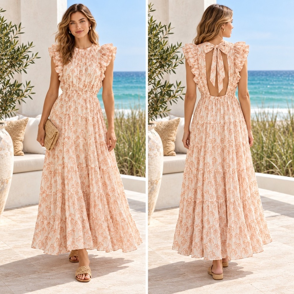 Scotch & Soda Sun Seekers Maxi Dress Organic Cotton Peach Palm Resort Wedding S